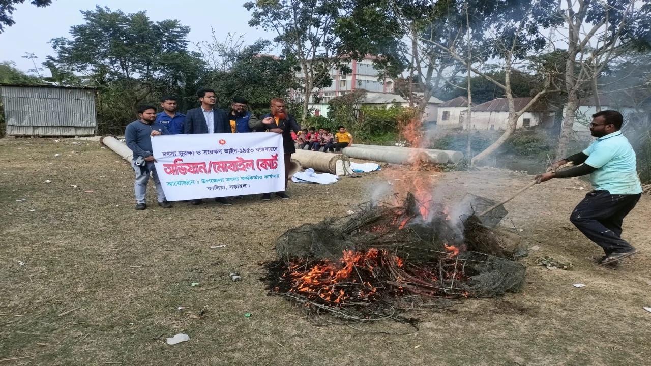 কালিয়ার নলিয়া নদীতে অবৈধ জালের বিরুদ্ধে অভিযান...