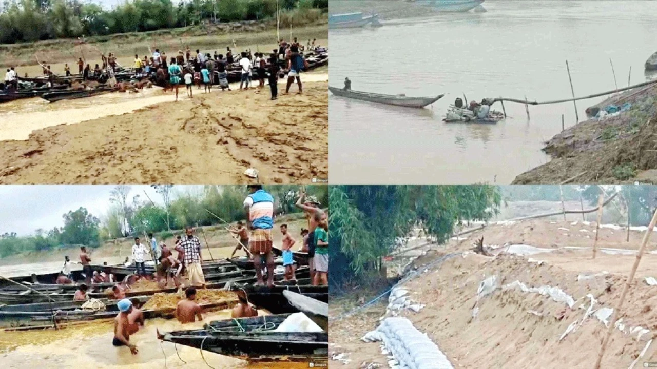 জৈন্তাপুরের সারী নদীতে অবৈধ বালু উত্তোলনে বাড়িঘর বিলিনের পথে